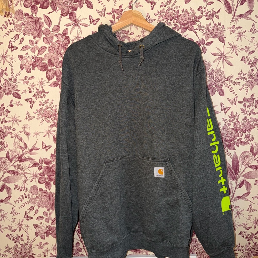Carhartt Men’s Charcoal Pullover Hoodie with Neon Green Sleeve Logo